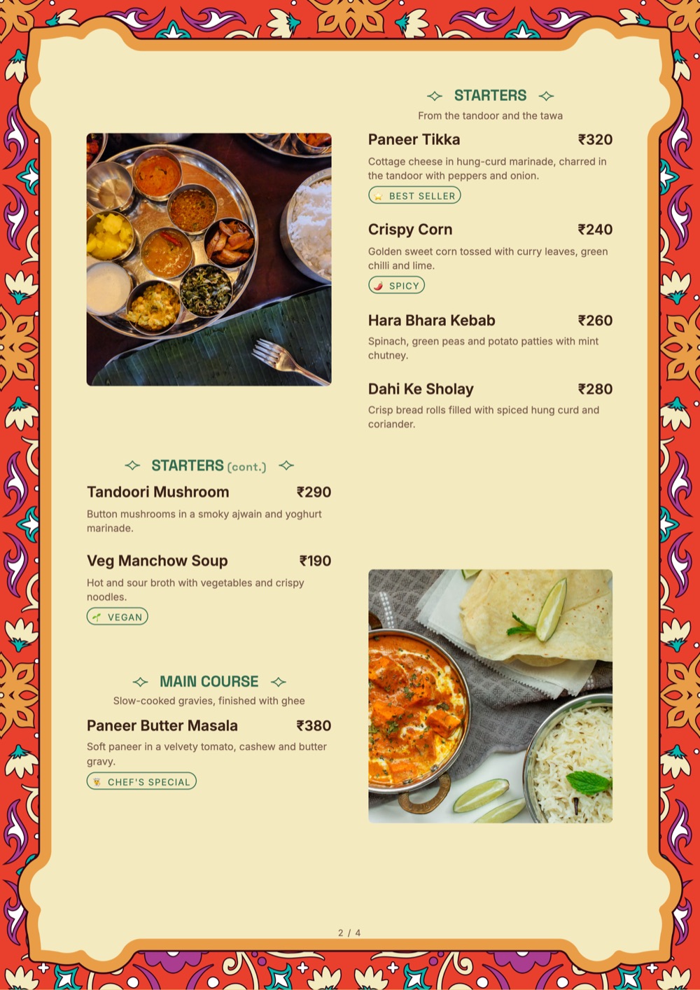 Folk Blossom print-ready menu template, A4: a yellow page with a folk-art floral border, dish photos and starters listed in two columns.