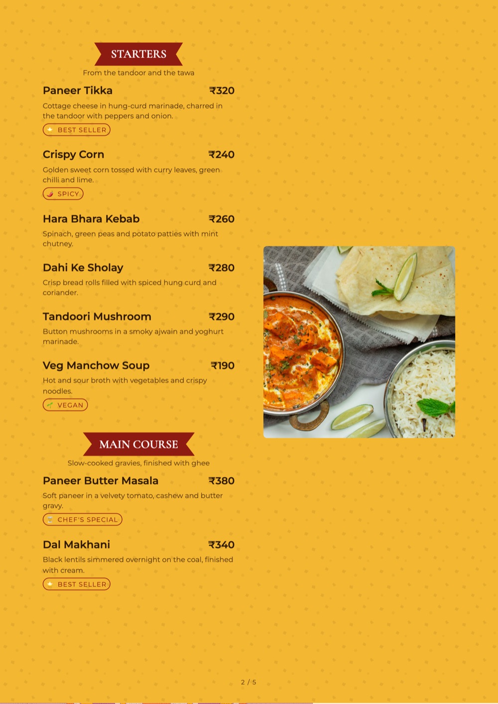 Marigold Terrazzo print-ready menu template, A4: a marigold-yellow page with red section labels and dish photos beside the starters.