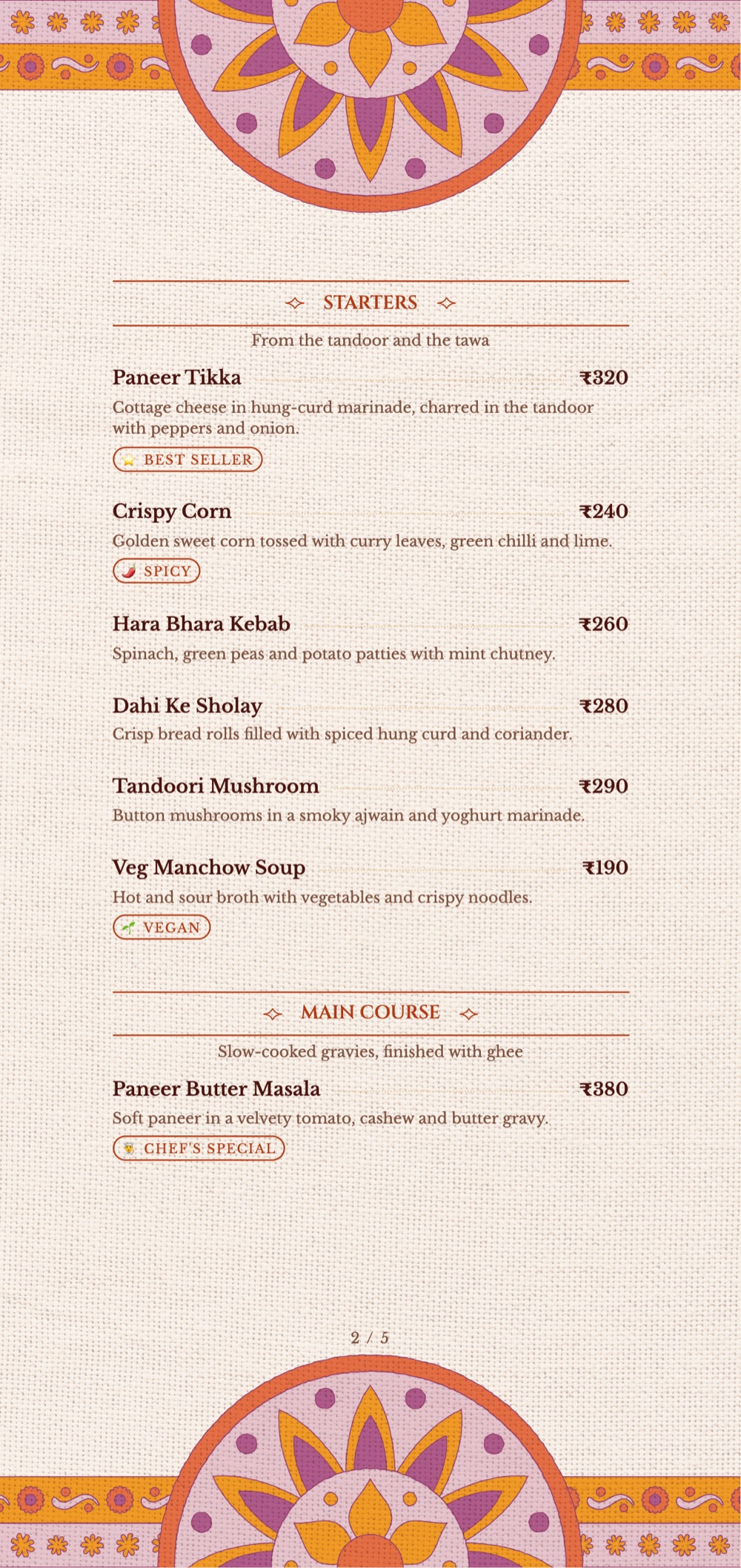 Indian Heritage print-ready menu template, 5.2 x 11 in: a tall cream menu with a saffron mandala header and footer and a single column of dishes.