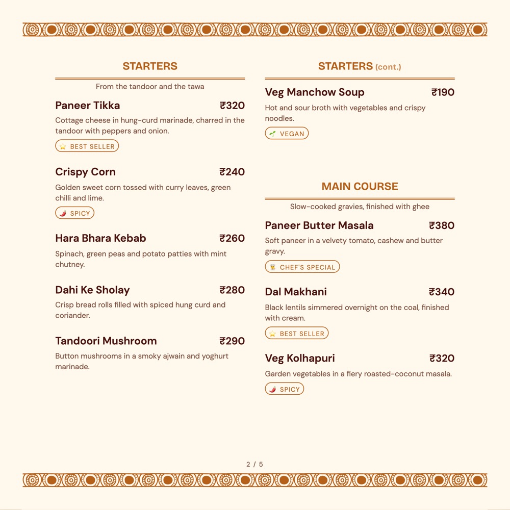 Saffron Journal print-ready menu template, 8 x 8 in: a square cream menu with coral section labels and two columns of dishes.