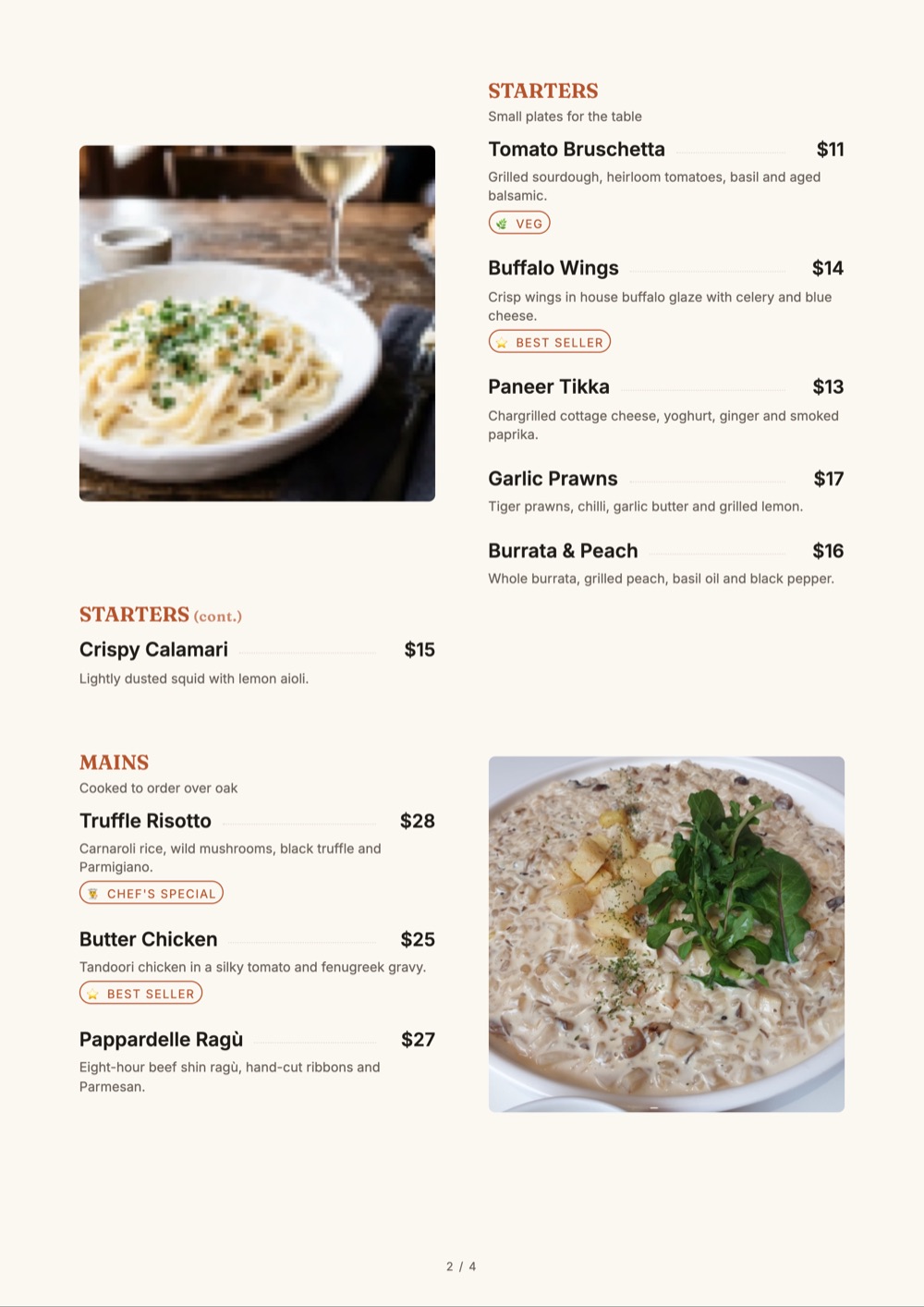 Hero Dish print-ready menu template, A4: a white page with large dish photos beside the starters and mains.
