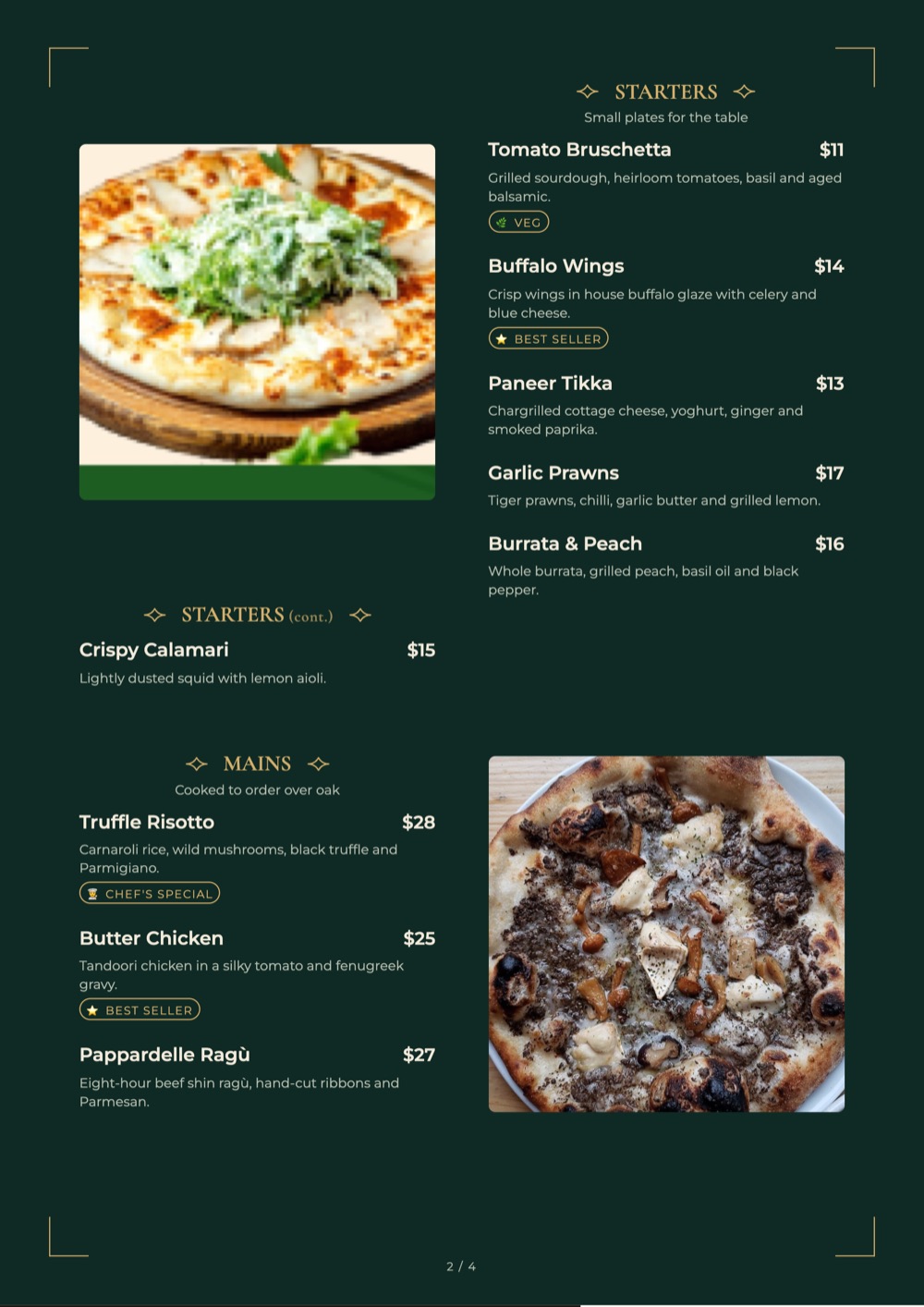 Signature print-ready menu template, A4: a deep green page with fine gold frame lines and dish photos.