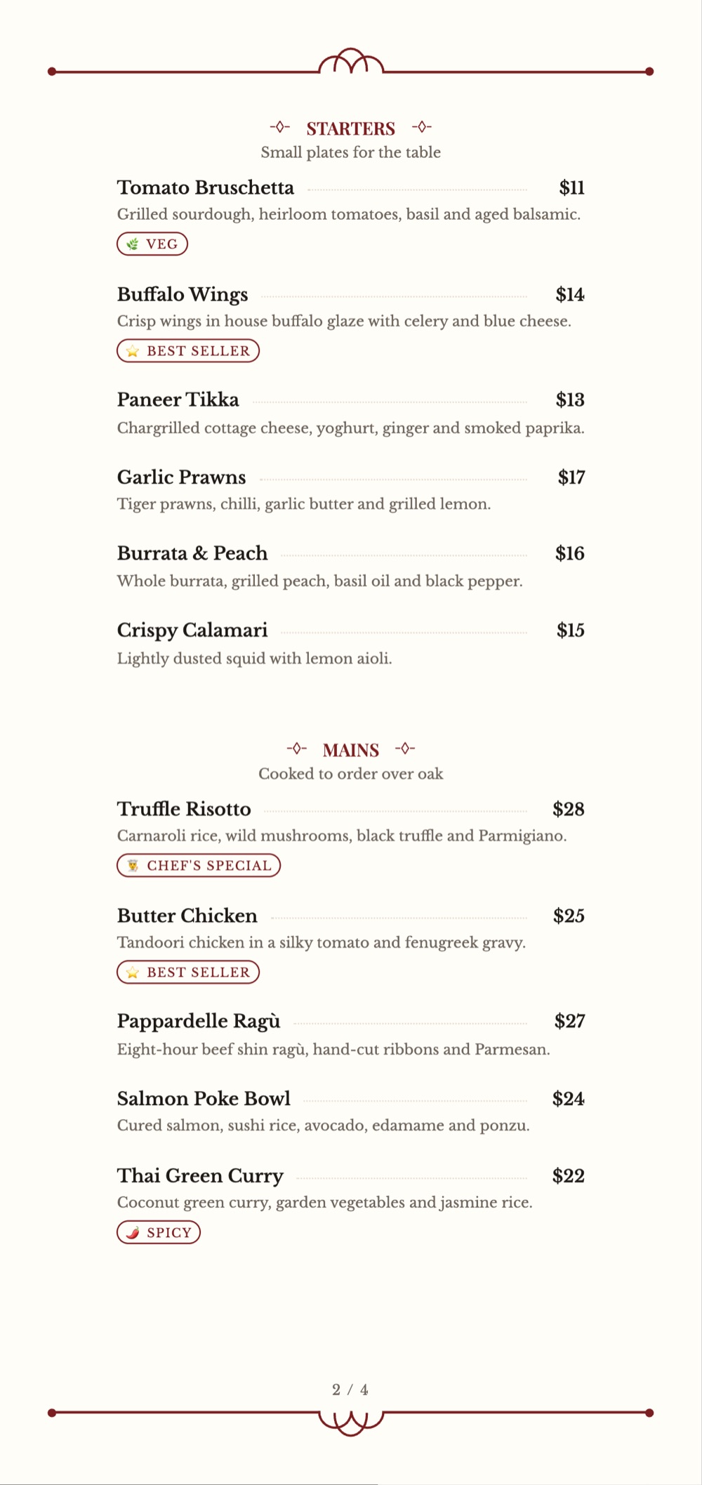 Classic Menu print-ready menu template, 5.2 x 11 in: a tall ivory single-column menu with red ornamental rules between sections.