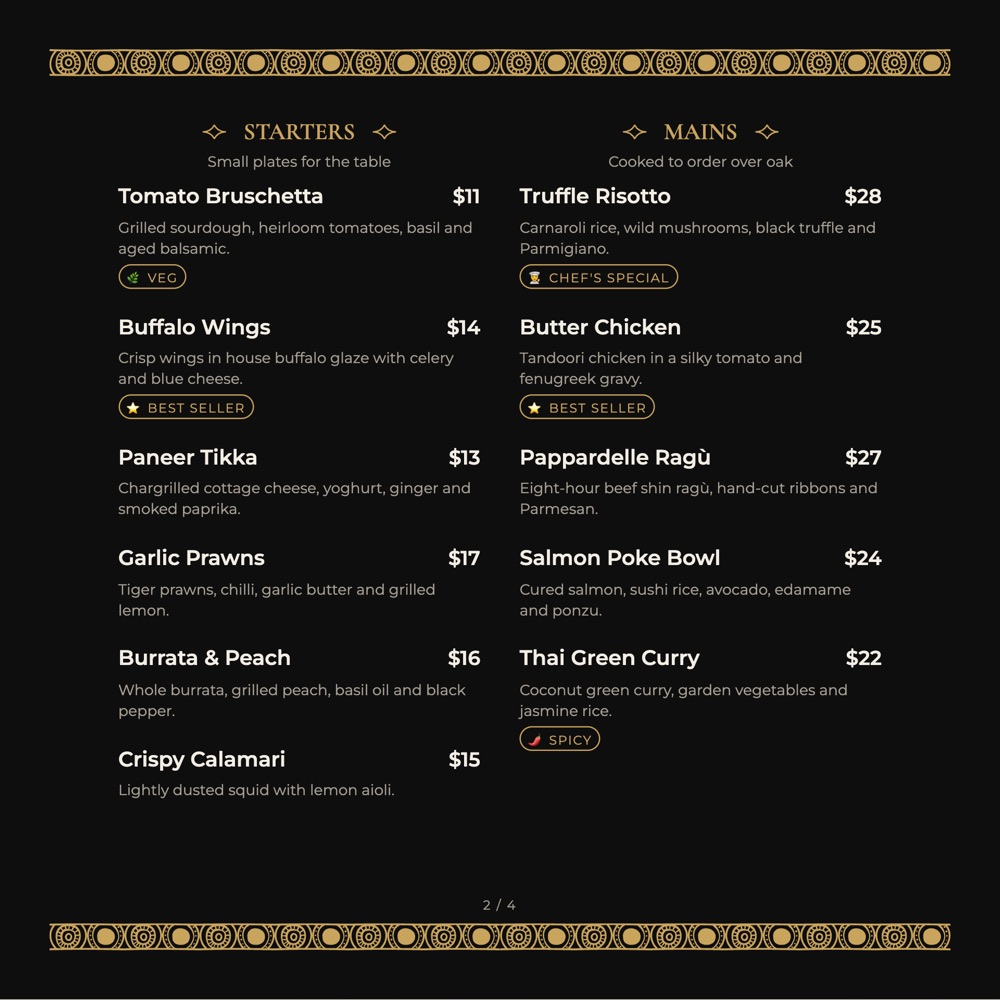 Luxury Black print-ready menu template, 8 x 8 in: a square black menu with gold patterned bands and two columns of dishes.
