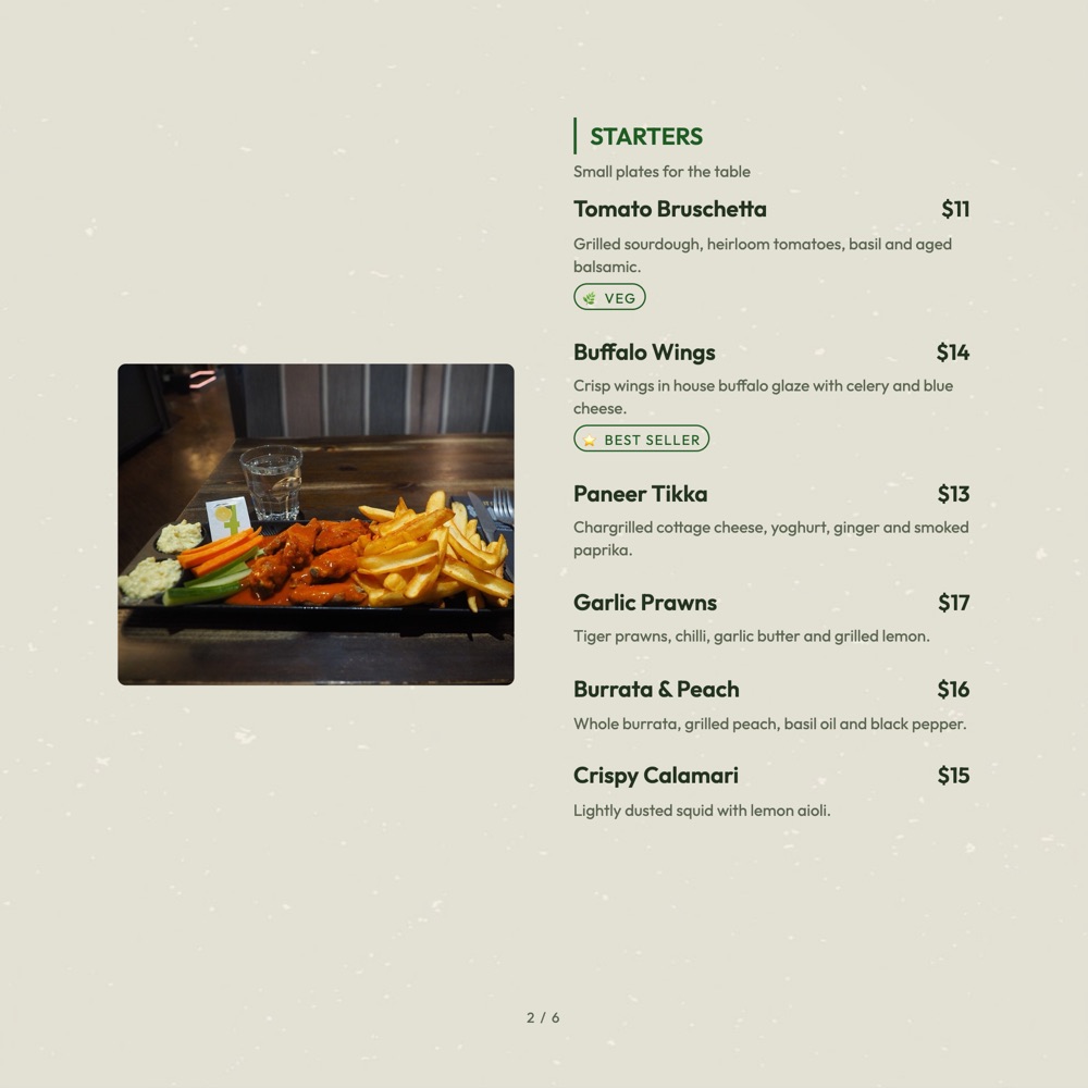 Olive Border print-ready menu template, 8 x 8 in: a square ivory menu with an olive border and a featured dish photo.