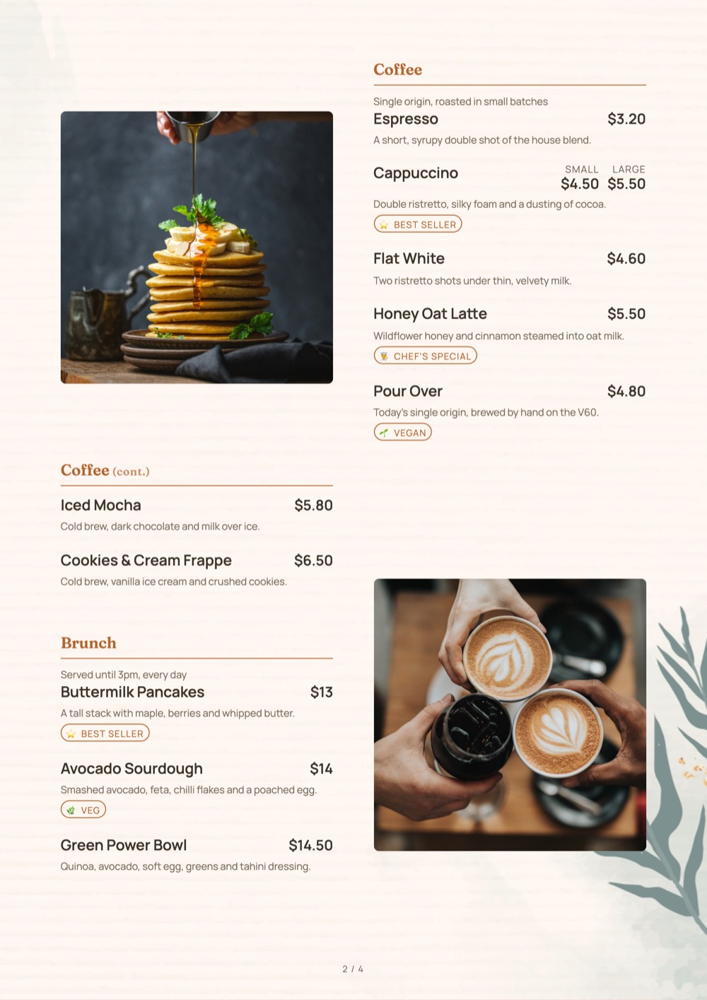 Blush Foliage print-ready menu template, A4: a blush page with coffee and brunch sections and photos in a zigzag layout.