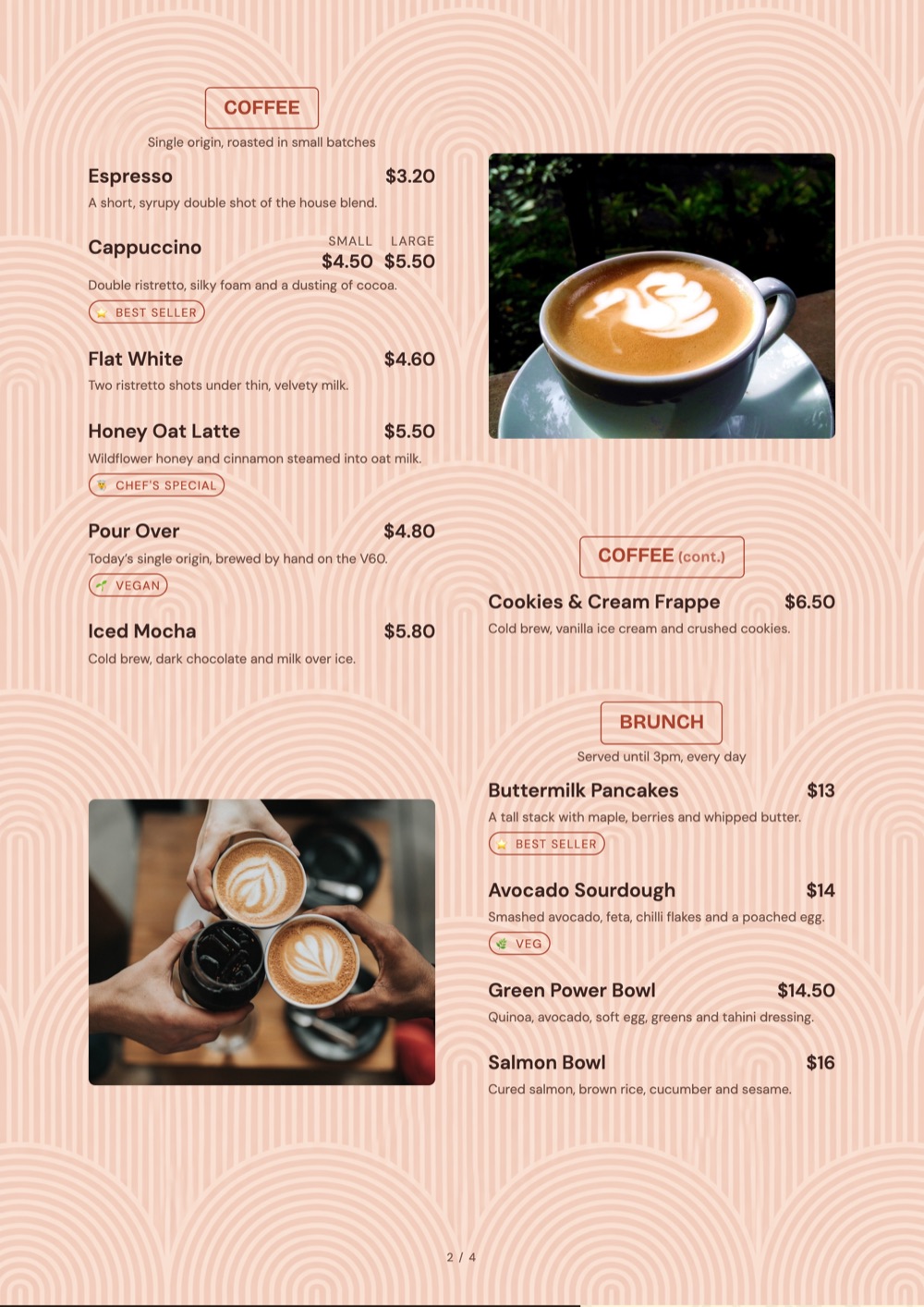 Peach Arches print-ready menu template, A4: a peach page with arched photo frames beside the coffee and brunch lists.