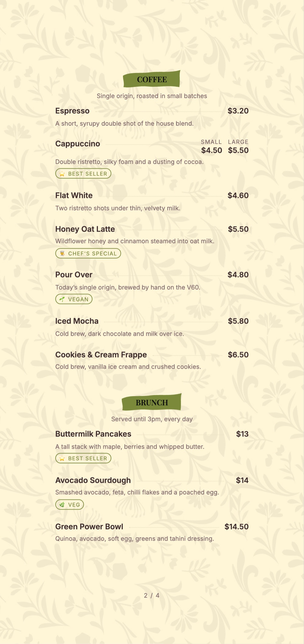 Cream Sprigs print-ready menu template, 5.2 x 11 in: a tall cream single-column cafe menu on a leafy sprig pattern.