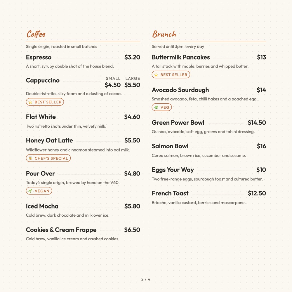 Cafe Journal print-ready menu template, 8 x 8 in: a square ivory menu with coffee and brunch in two columns.