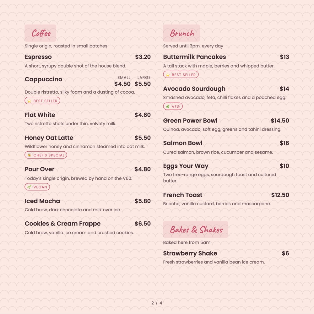 Pastel Cafe print-ready menu template, 8 x 8 in: a square pastel-pink cafe menu with coffee and brunch in two columns.