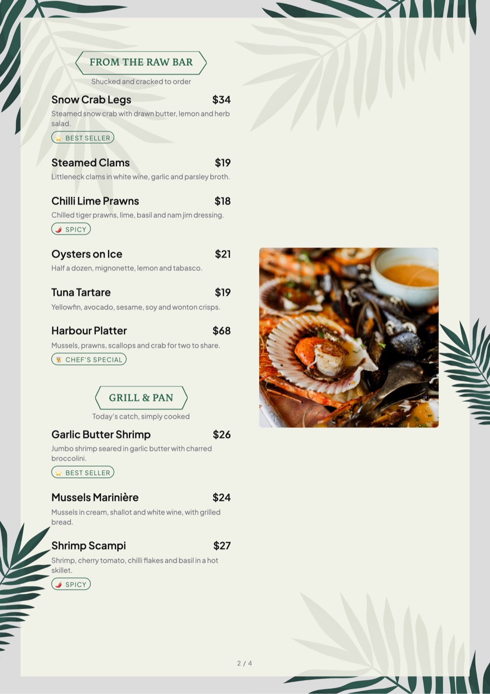 Palm Frame print-ready menu template, A4: an ivory page with palm-leaf corners and seafood photos.