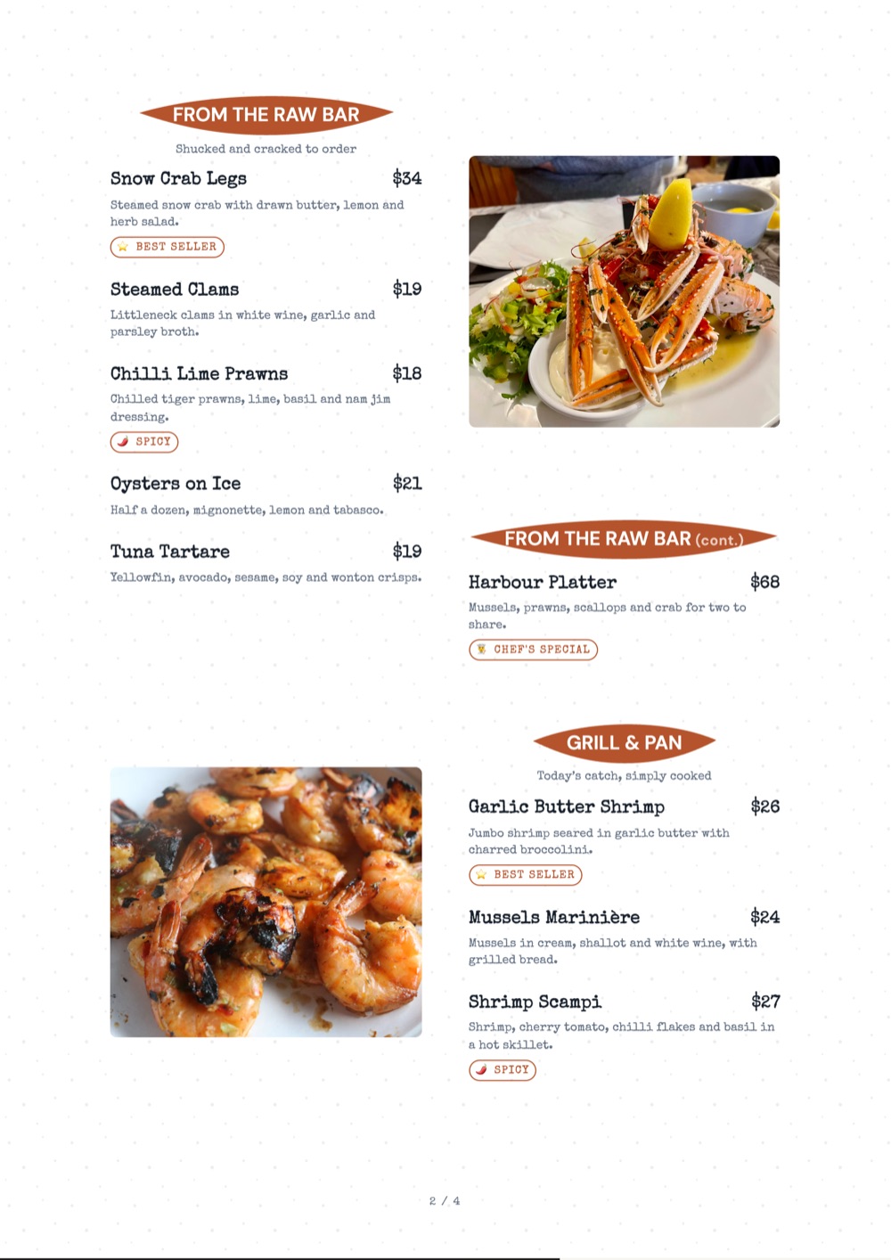 Meander Border print-ready menu template, A4: a white page with ribbon section labels and seafood photos.
