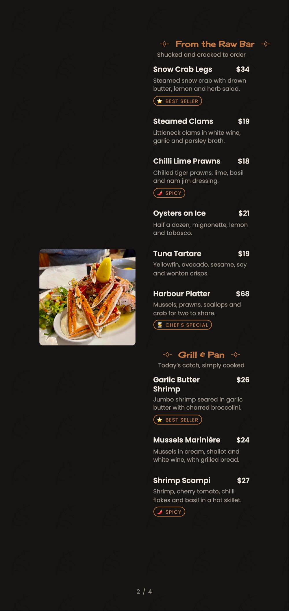 Copper Palm print-ready menu template, 5.2 x 11 in: a tall black menu with copper headings and a seafood photo.