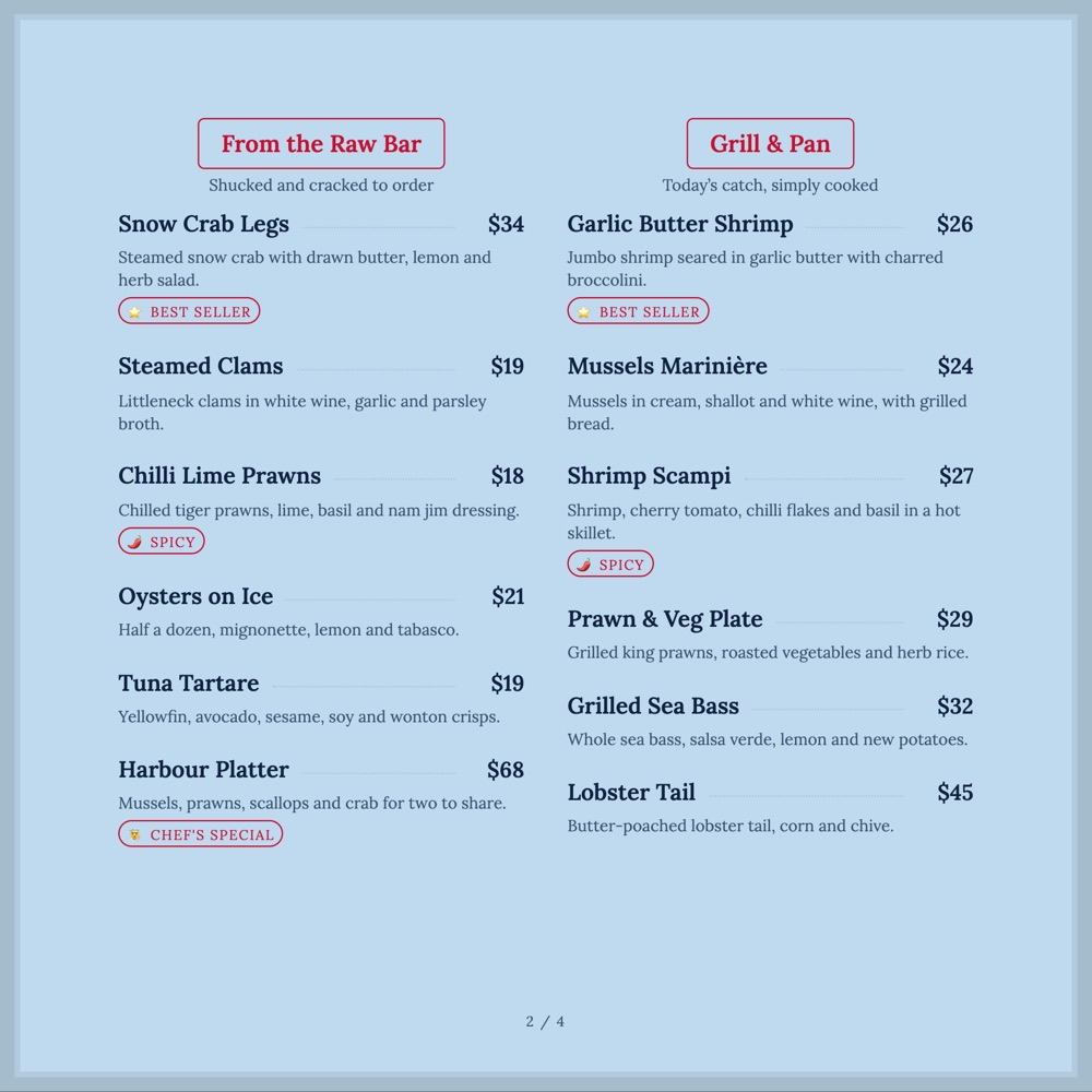 Riviera Frame print-ready menu template, 8 x 8 in: a square light-blue menu with a double frame and two columns of dishes.