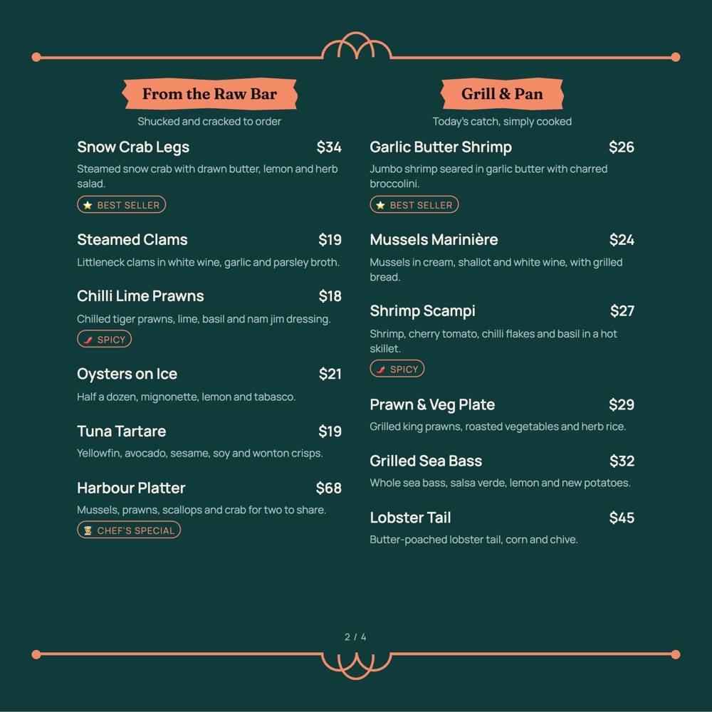 Lagoon Carte print-ready menu template, 8 x 8 in: a square deep-teal menu with two columns of dishes.