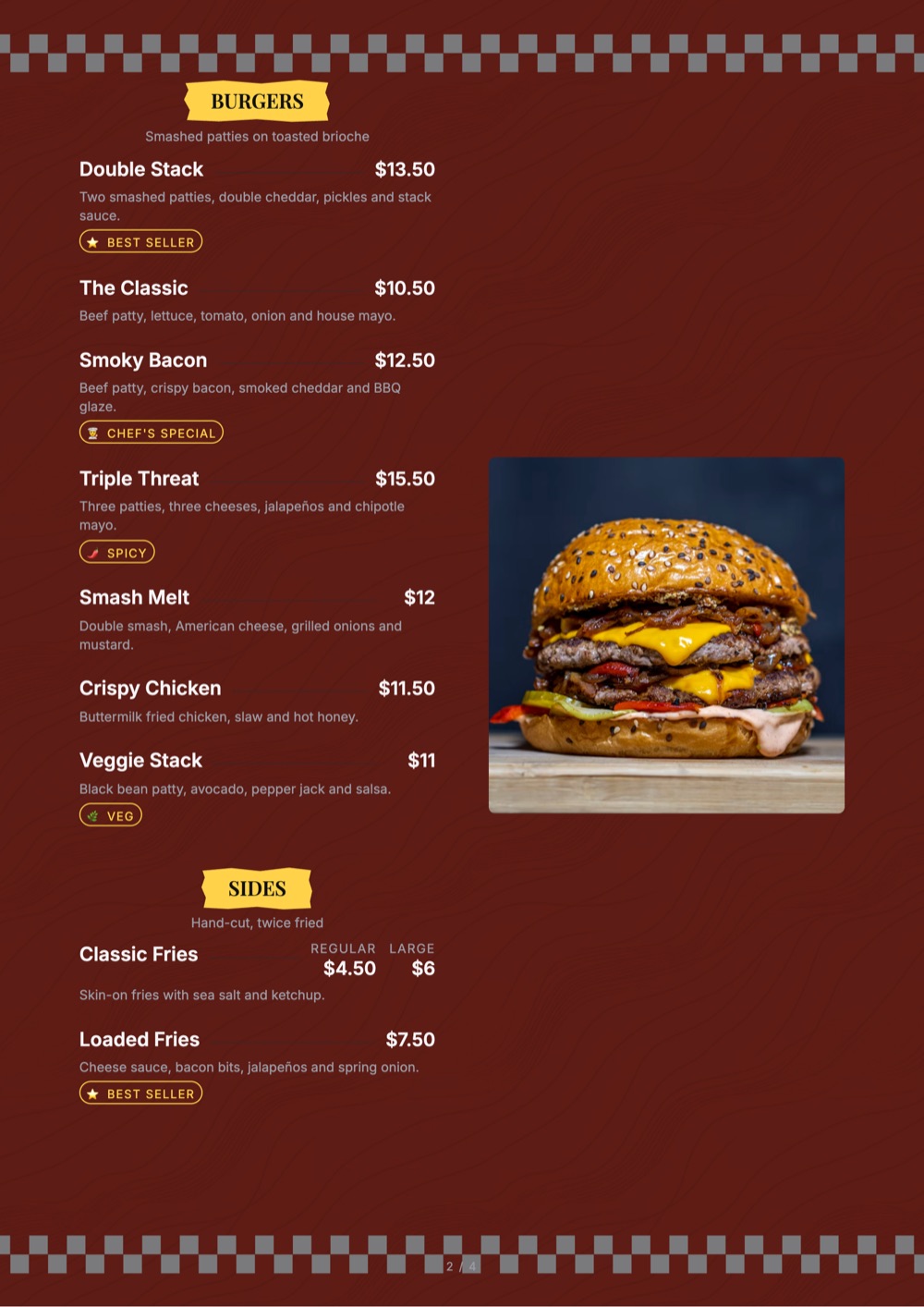 Diner Red print-ready menu template, A4: a maroon diner-style page with a large burger photo and a checker strip.
