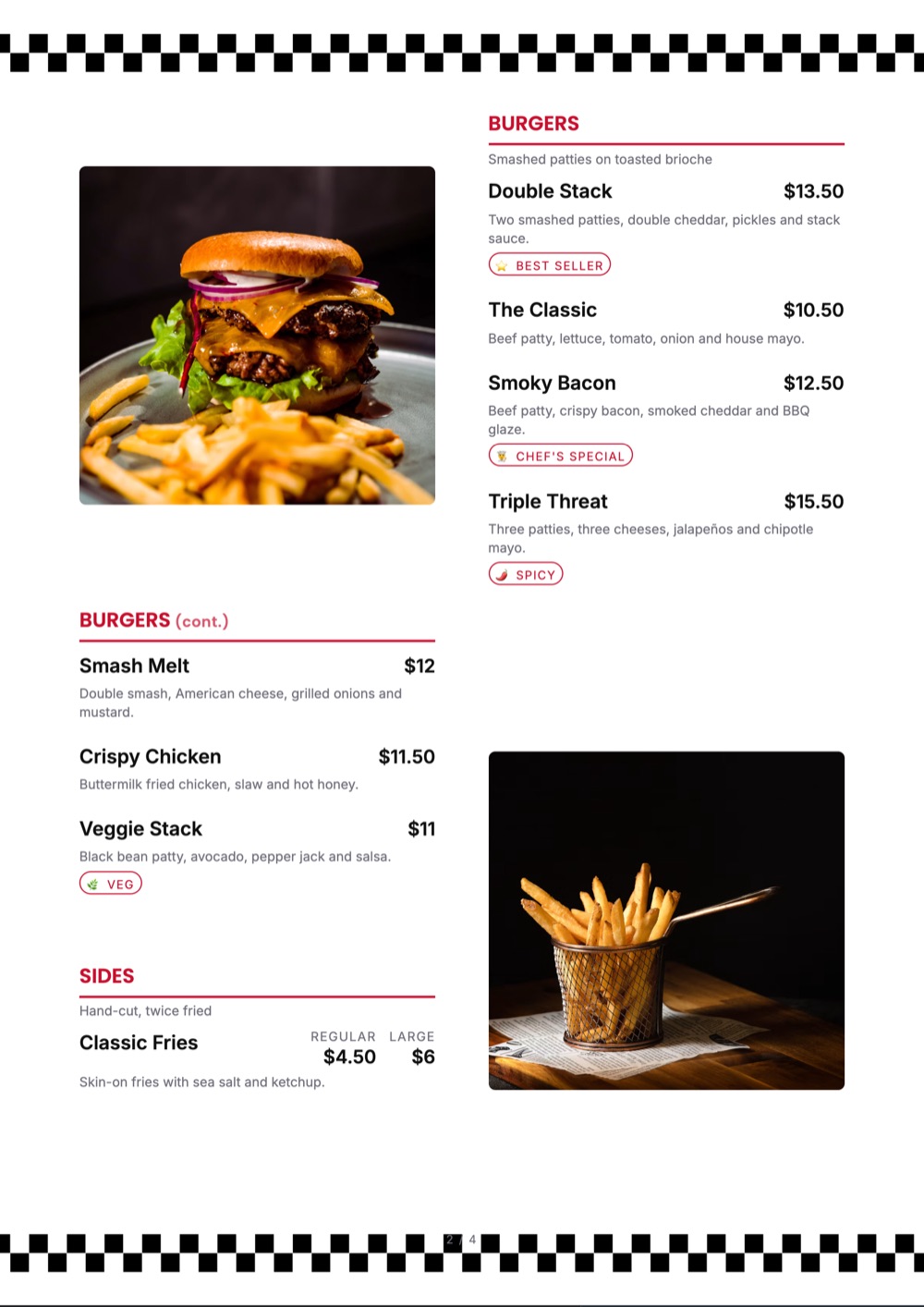 Checker Bands print-ready menu template, A4: a white page with black checker bands and burger and fries photos.