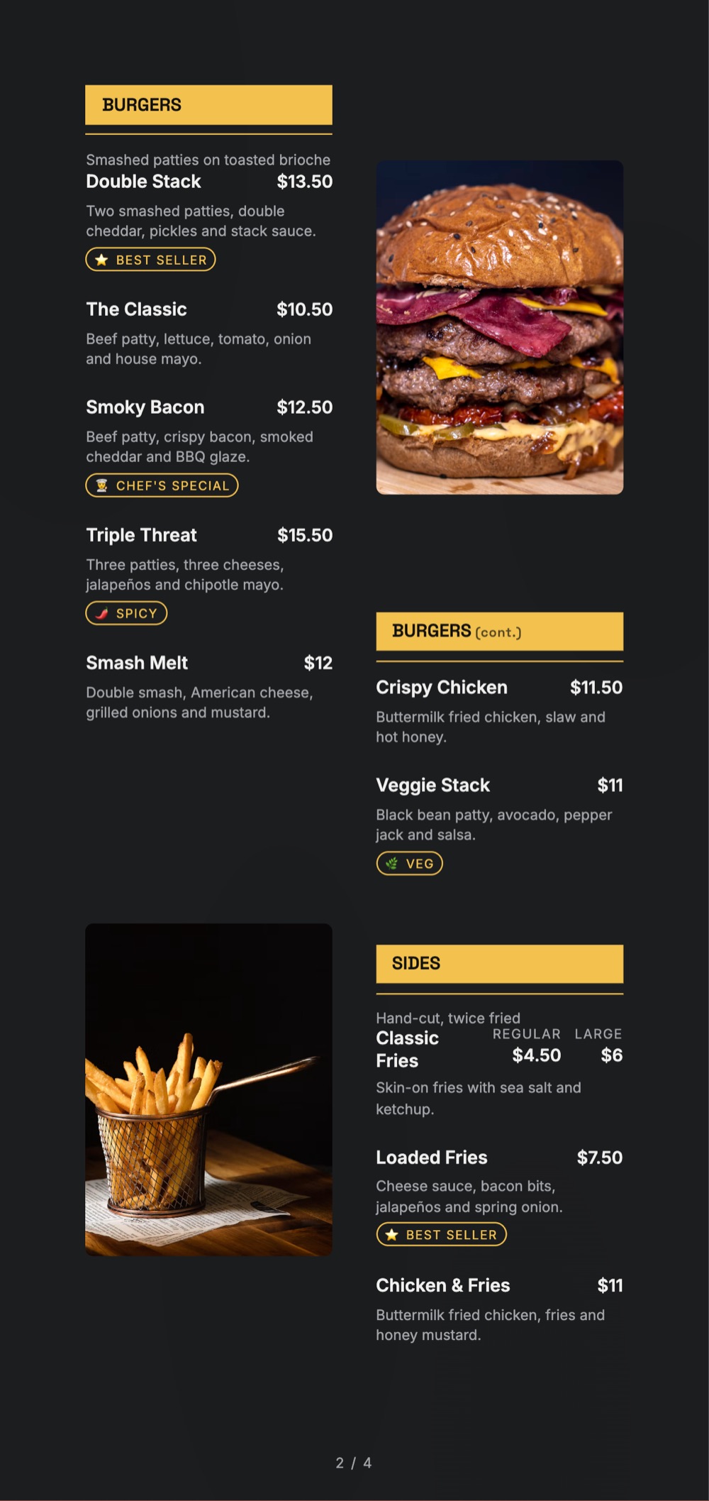 Urban Kitchen print-ready menu template, 5.2 x 11 in: a tall dark menu with yellow section labels and burger and fries photos.