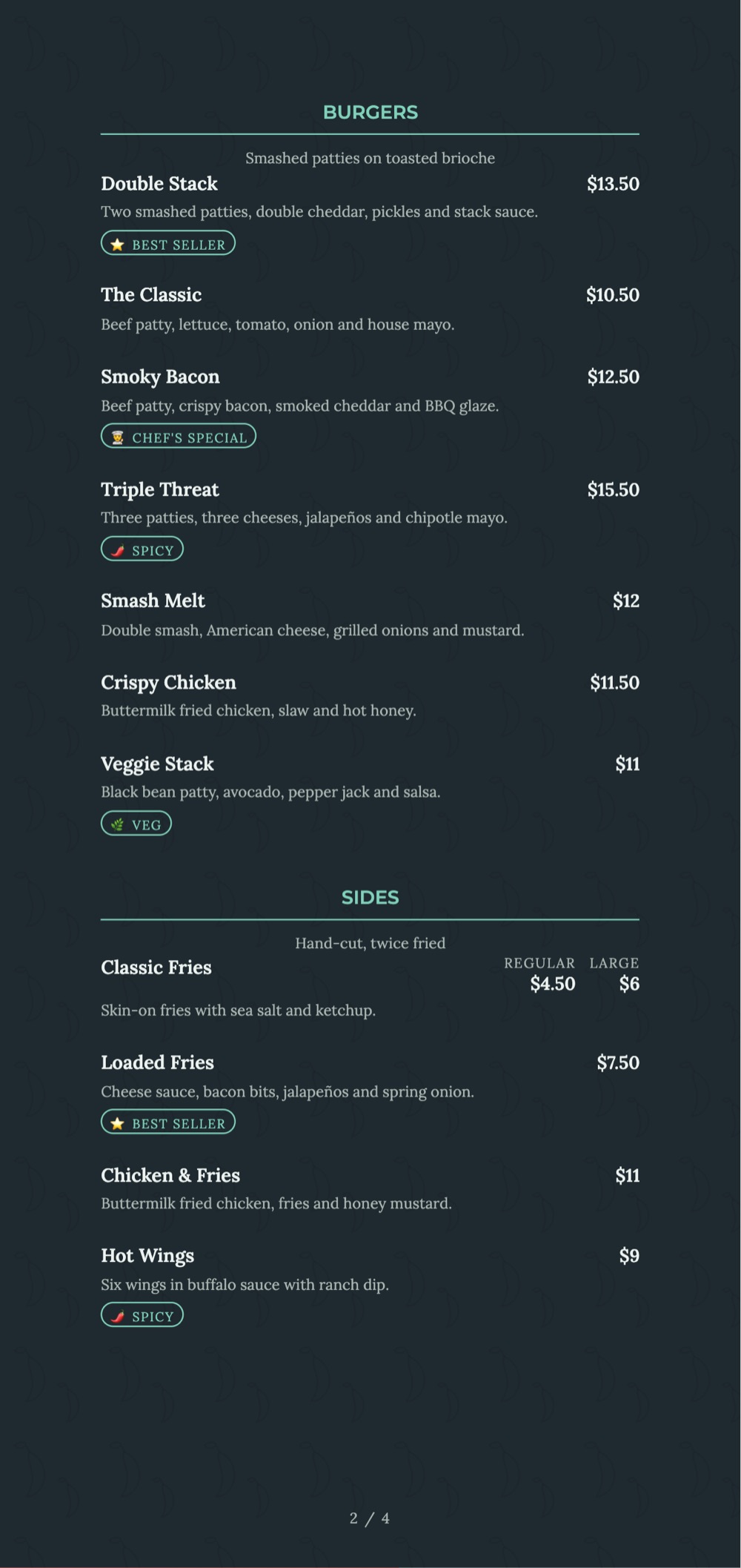 Slate Chilli print-ready menu template, 5.2 x 11 in: a tall slate-grey menu listing burgers and sides.