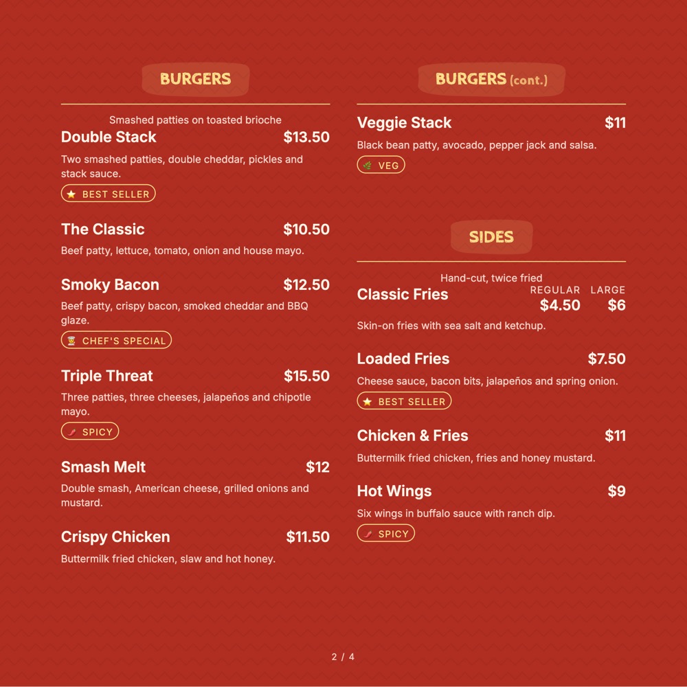 Tomato Herringbone print-ready menu template, 8 x 8 in: a square tomato-red menu with burgers and sides in two columns.