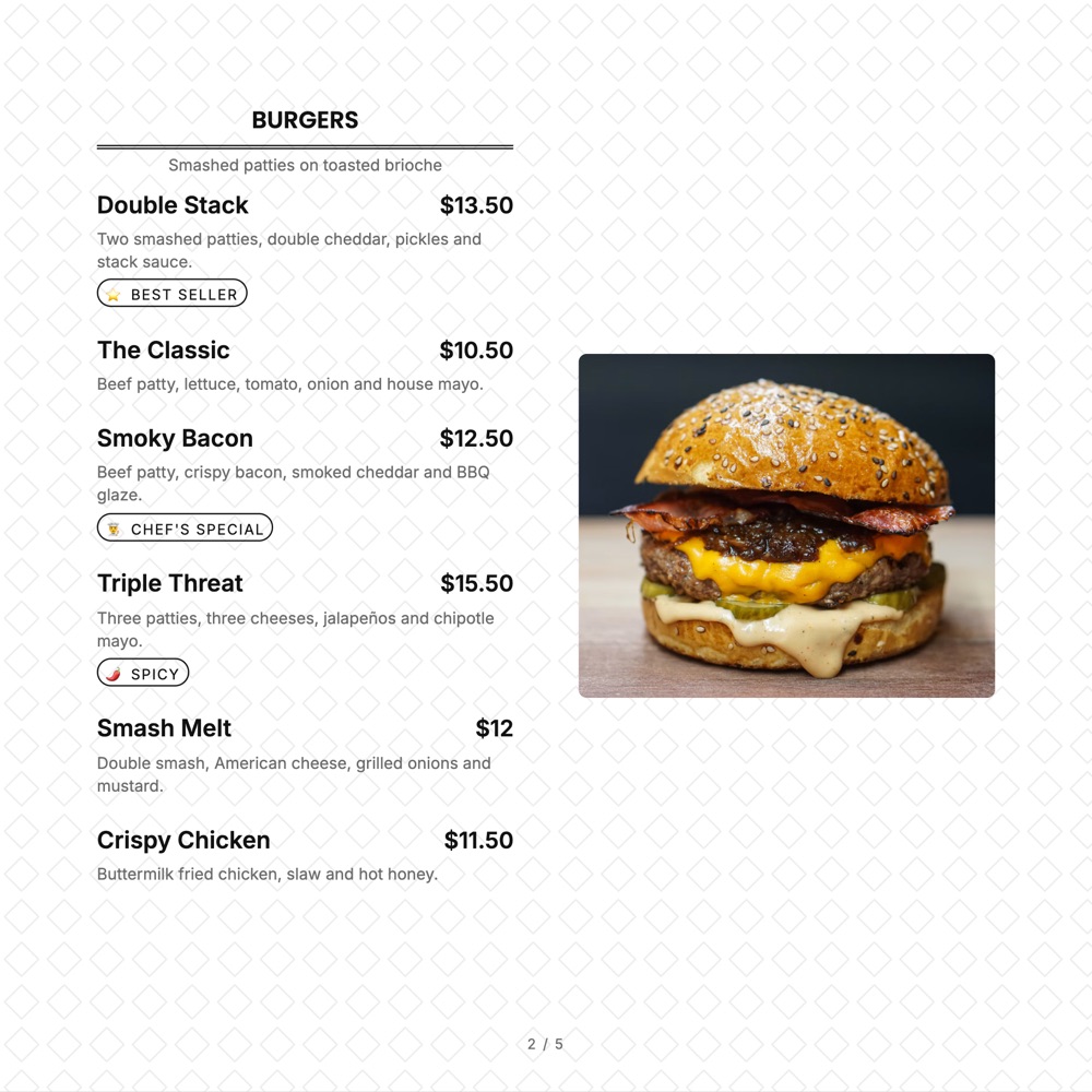 Ink Diamonds print-ready menu template, 8 x 8 in: a square white menu with a burger photo and a short burger list.