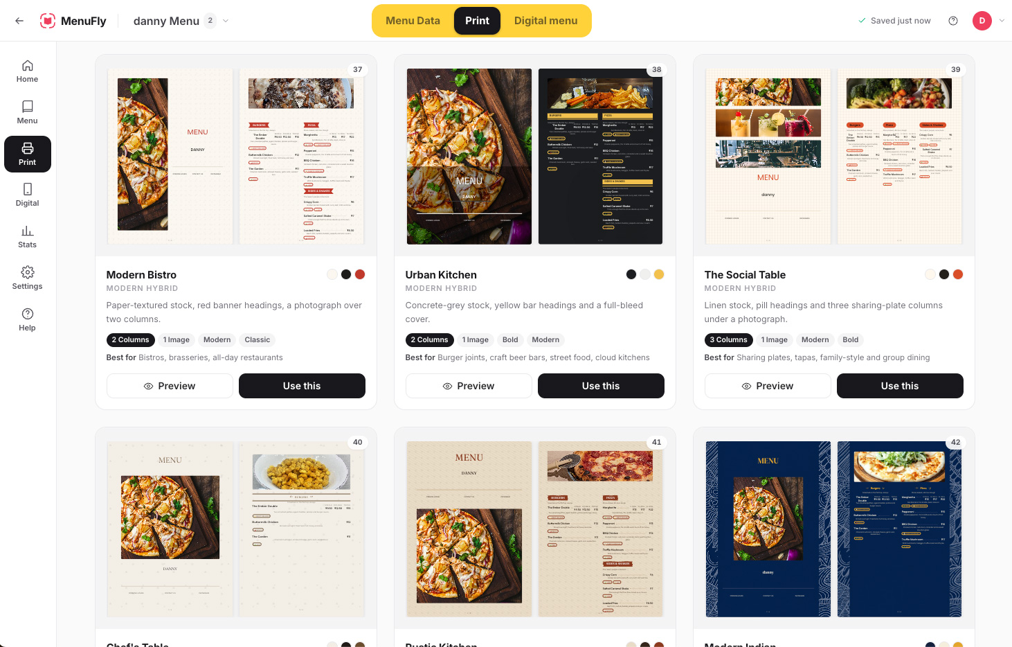 MenuFly print menu templates gallery showing Modern Bistro, Urban Kitchen, The Social Table and other two- and three-column print layouts with Preview and Use this buttons.