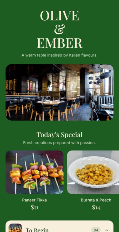 Casa Verde Italian menu template on mobile, with a wordmark header, a photo banner and category tabs.