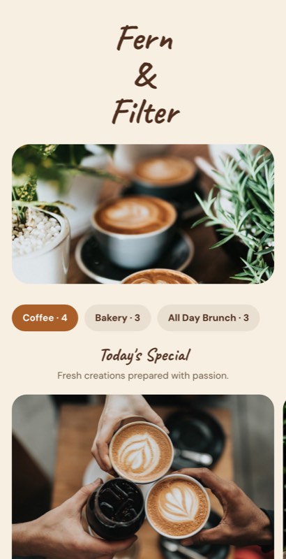 Crema menu template: a mobile coffee shop menu with a wordmark header, a photo banner, category tabs and priced item rows you can edit.