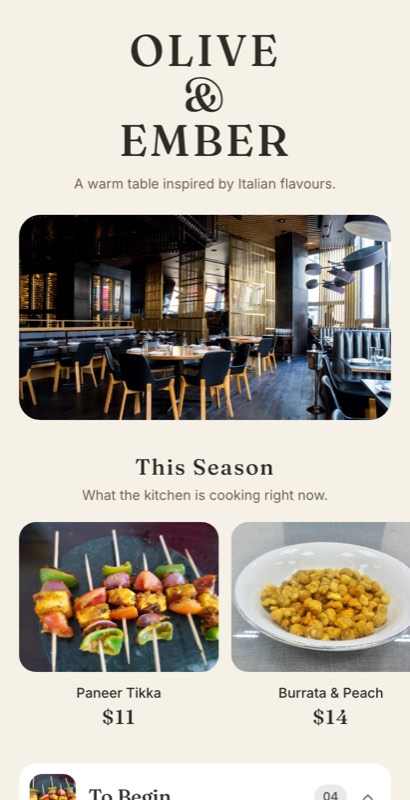 Harvest Table seasonal restaurant menu template built around produce-led dishes, with category tabs and editable prices.