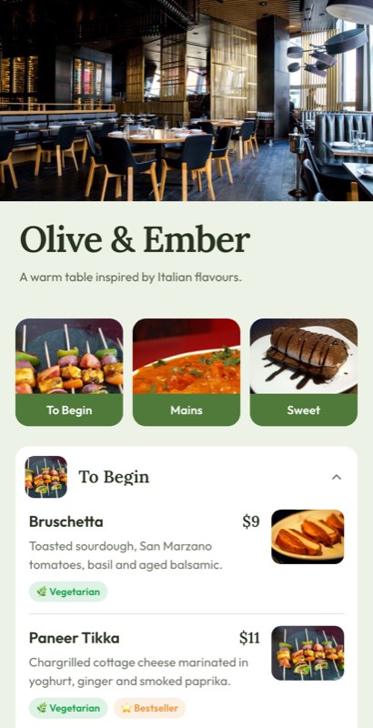 Olive Grove Mediterranean restaurant menu design in a light style, with a photo banner and category tabs.