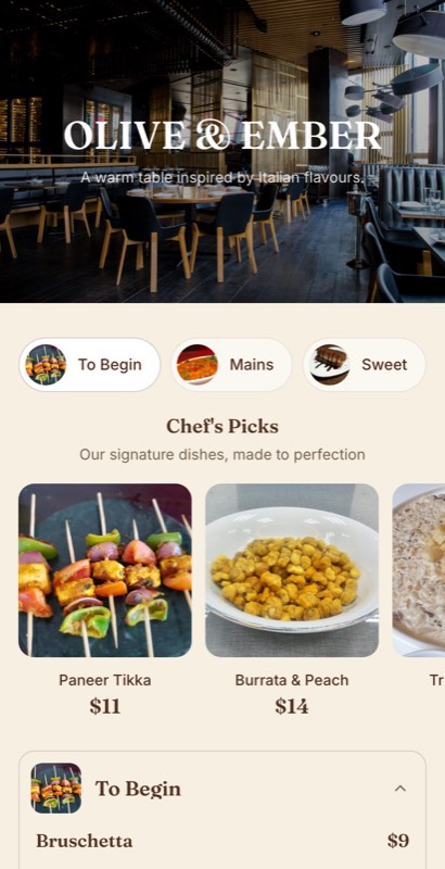 Saffron & Stone editable restaurant menu template for artisan dining, with a warm photo banner, category tabs and priced dishes.