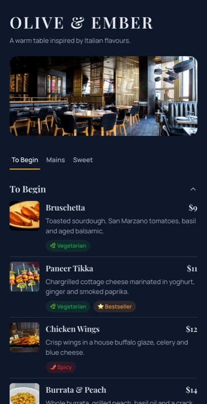 Slate Supper modern restaurant menu template with a restrained layout, category tabs and editable item rows.