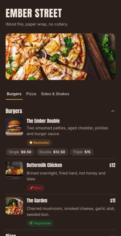 Smoke & Grill grill house menu template with a bold header, category tabs and priced grill dishes.
