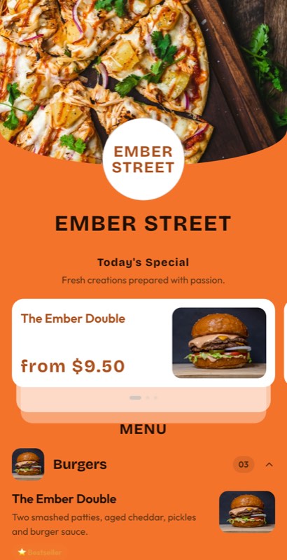 Taco Window menu template: a mobile food truck menu with a wordmark header, a photo banner, category tabs and priced item rows you can edit.