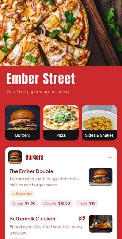 Wood Fired menu template: a mobile pizza menu with a wordmark header, a photo banner, category tabs and priced item rows you can edit.